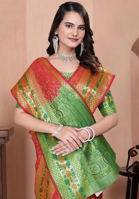 Red Embroidered Blended Saree Set