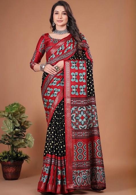 Black Printed Blended Saree Set