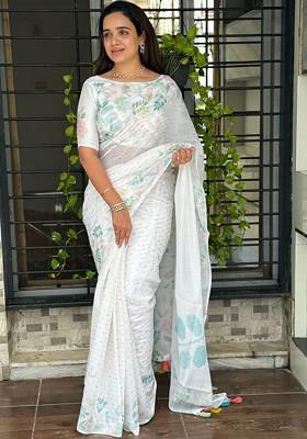 Off White Embroidered Blended Saree Set