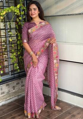 Purple Embroidered Blended Saree Set