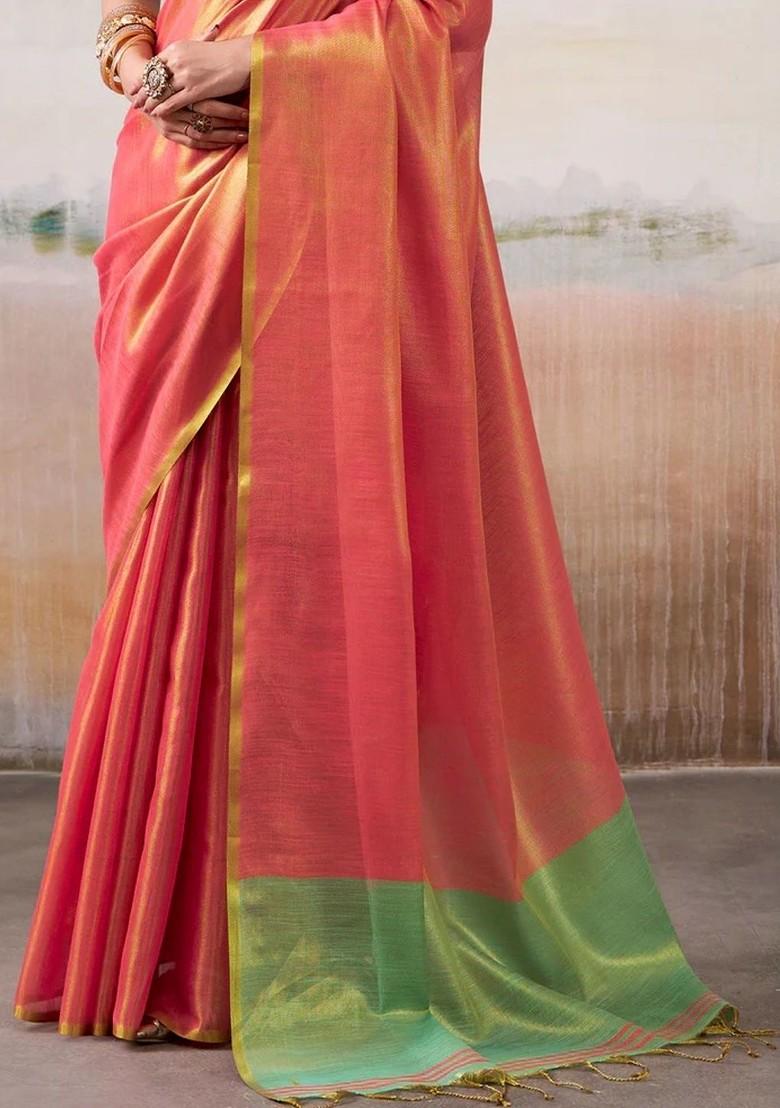 Peach Embroidered Blended Saree Set