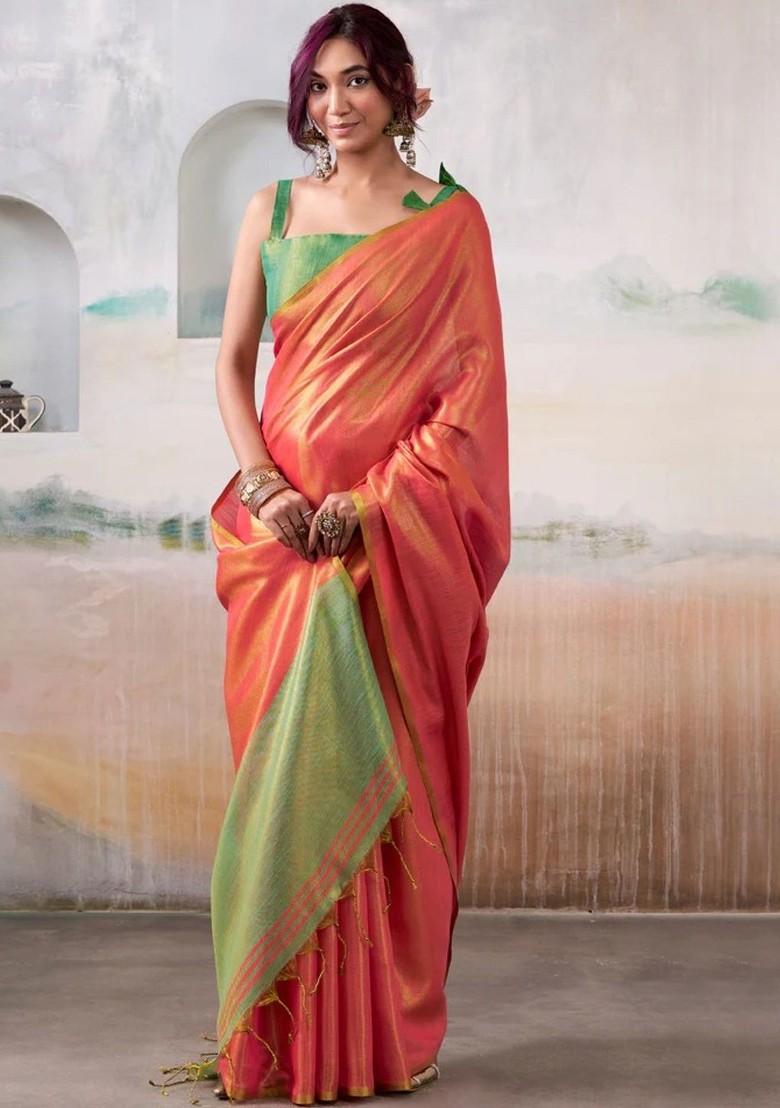 Peach Embroidered Blended Saree Set