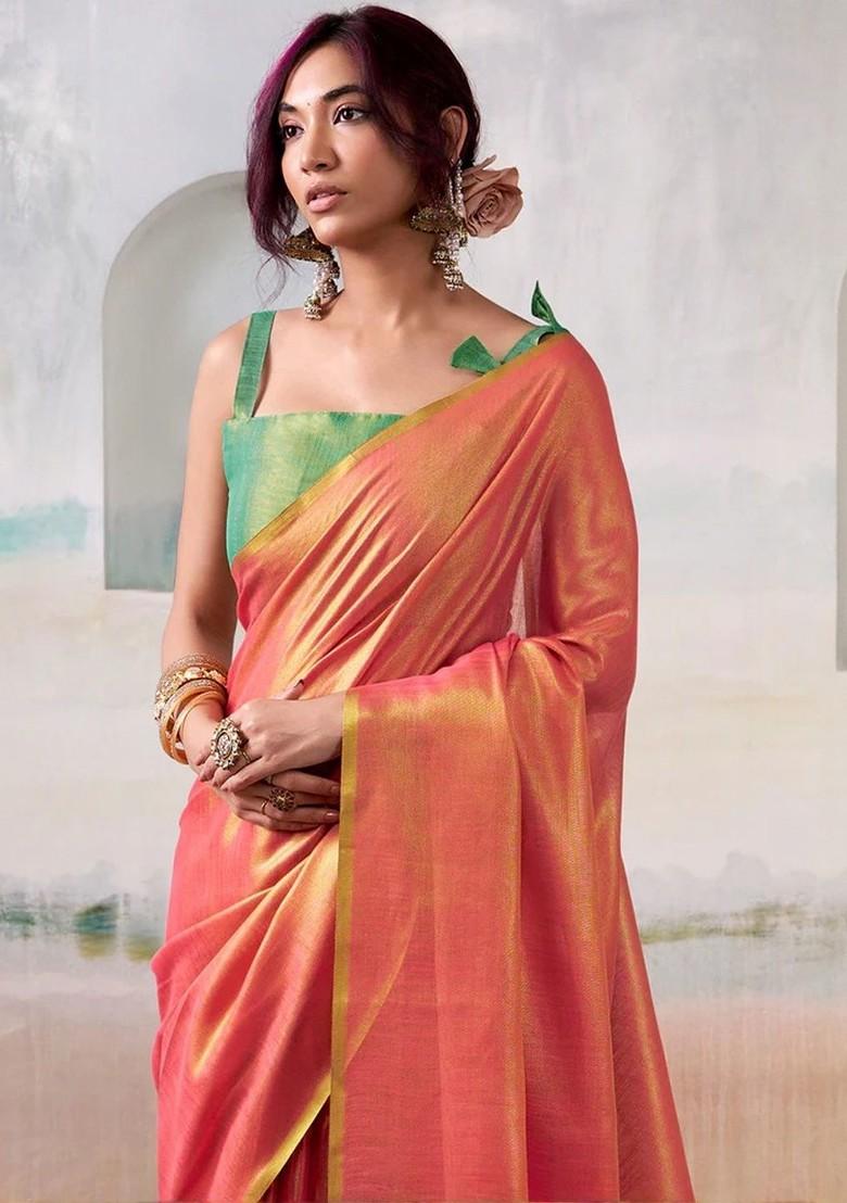 Peach Embroidered Blended Saree Set