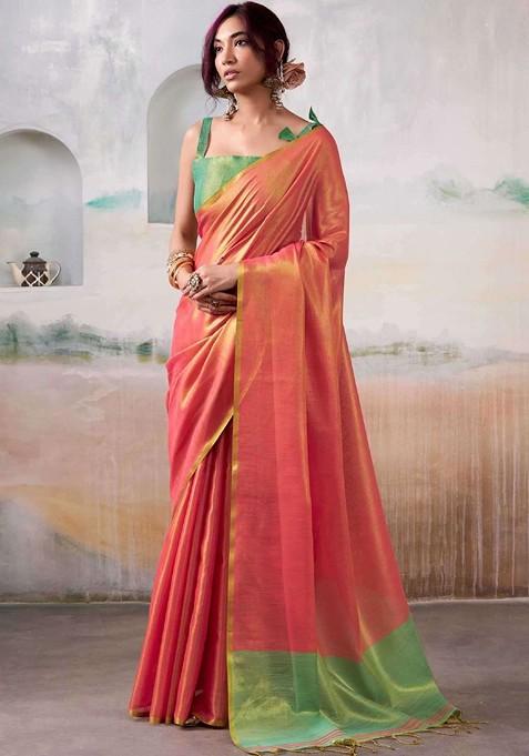 Peach Embroidered Blended Saree Set