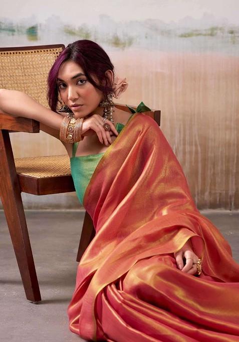 Peach Embroidered Blended Saree Set