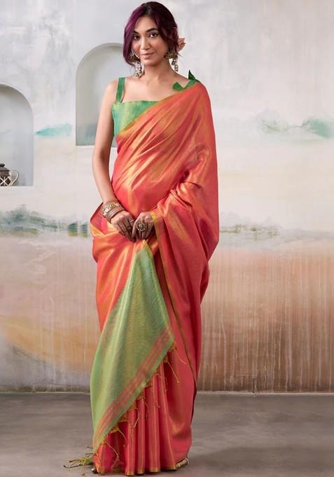 Peach Embroidered Blended Saree Set