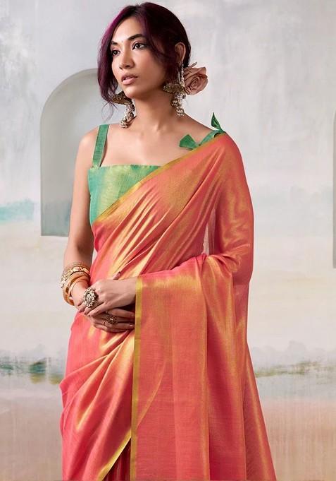 Peach Embroidered Blended Saree Set