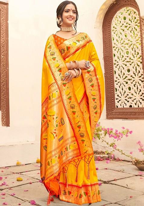 Yellow Embroidered Blended Saree Set