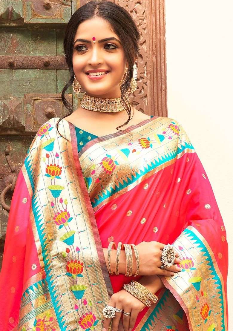 Pink Blended Jacquard Saree Set for Diwali | Wedding & Festive Wear - Indya