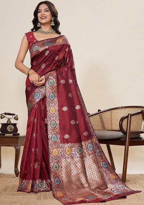 Maroon Jacquard Blended Saree Set — view on Indya