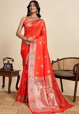 Orange Embroidered Blended Saree Set