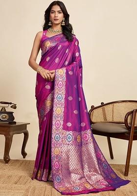 Purple Embroidered Blended Saree Set