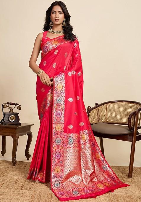Red Jacquard Blended Saree Set — view on Indya