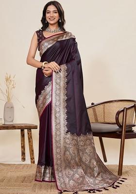 Purple Embroidered Blended Saree Set