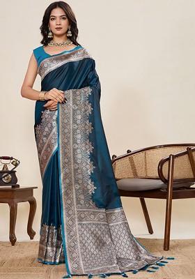 Teal Embroidered Blended Saree Set
