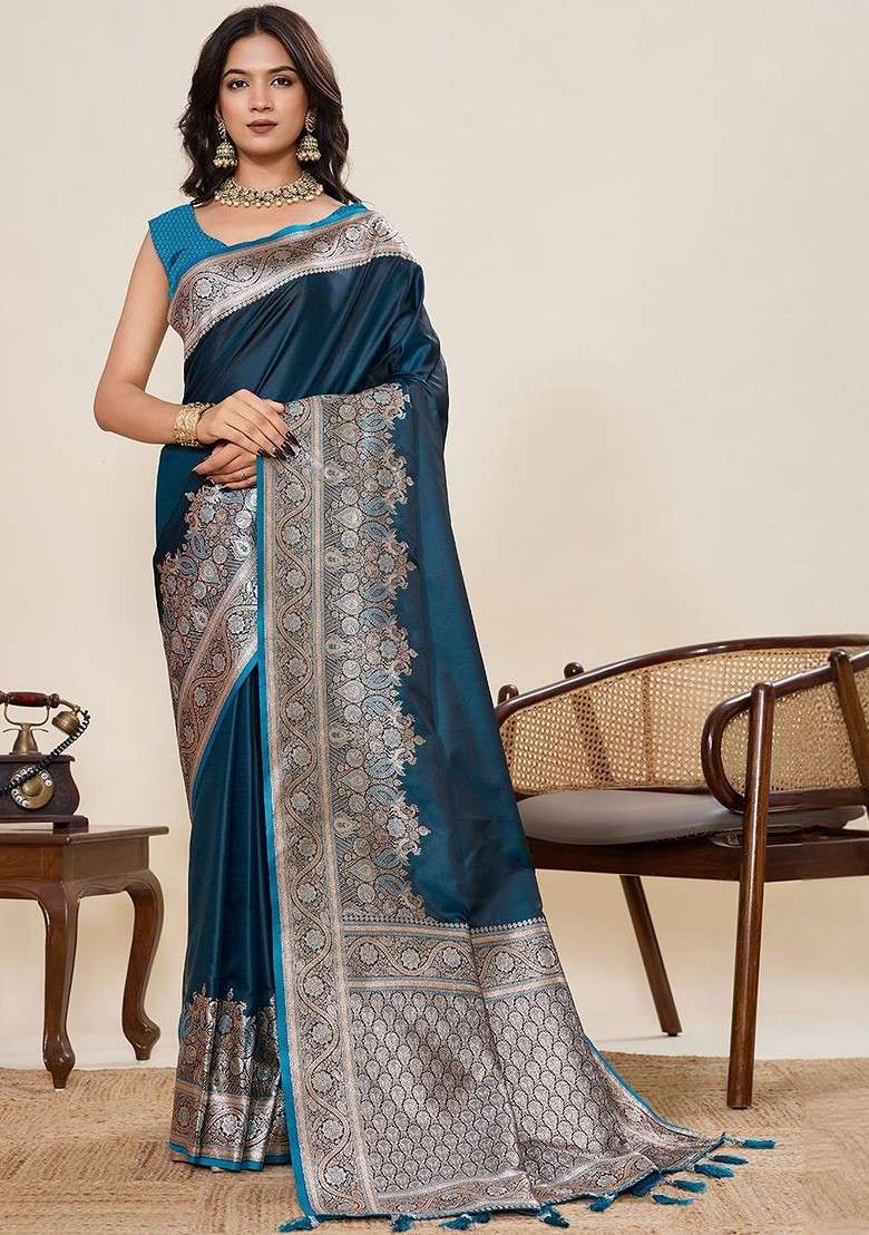 Teal Embroidered Blended Saree Set for Diwali and Festive Wear - Indya