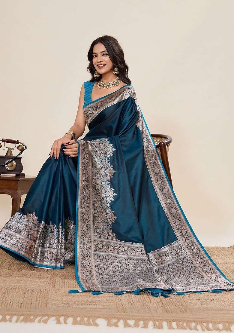Teal Embroidered Blended Saree Set for Diwali and Festive Wear - Indya