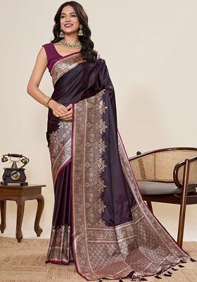 Purple Embroidered Blended Saree Set