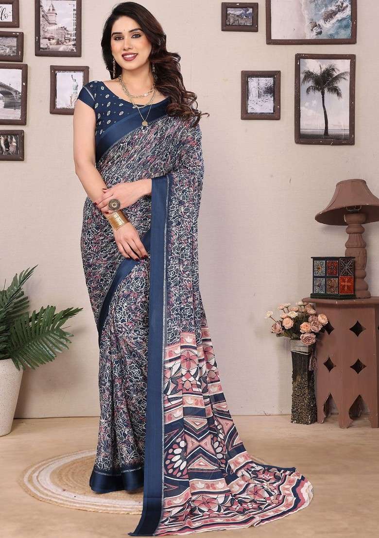 Navy Blue Printed Blended Saree Set - Indya