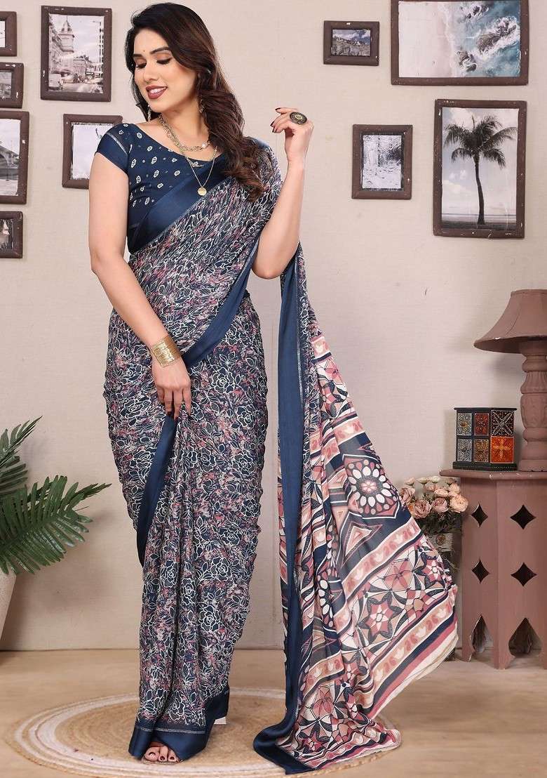 Navy Blue Printed Blended Saree Set - Indya