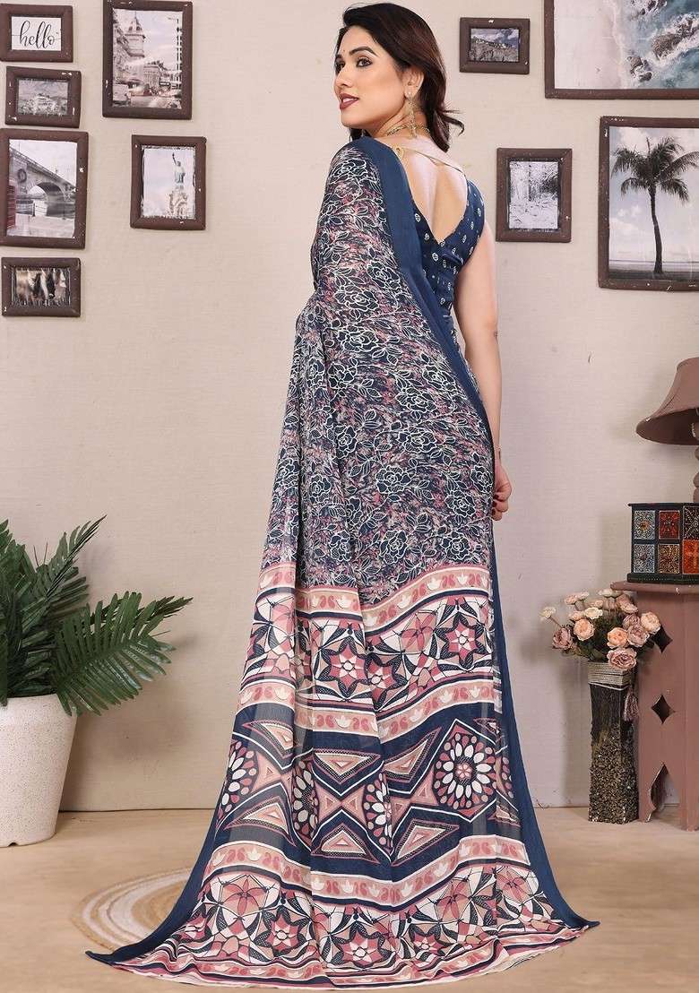 Navy Blue Printed Blended Saree Set - Indya