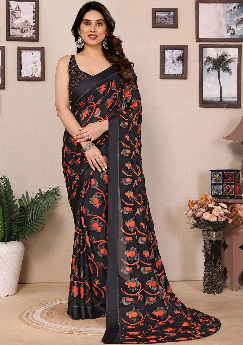 Black Embroidered Blended Saree Set - Indya
