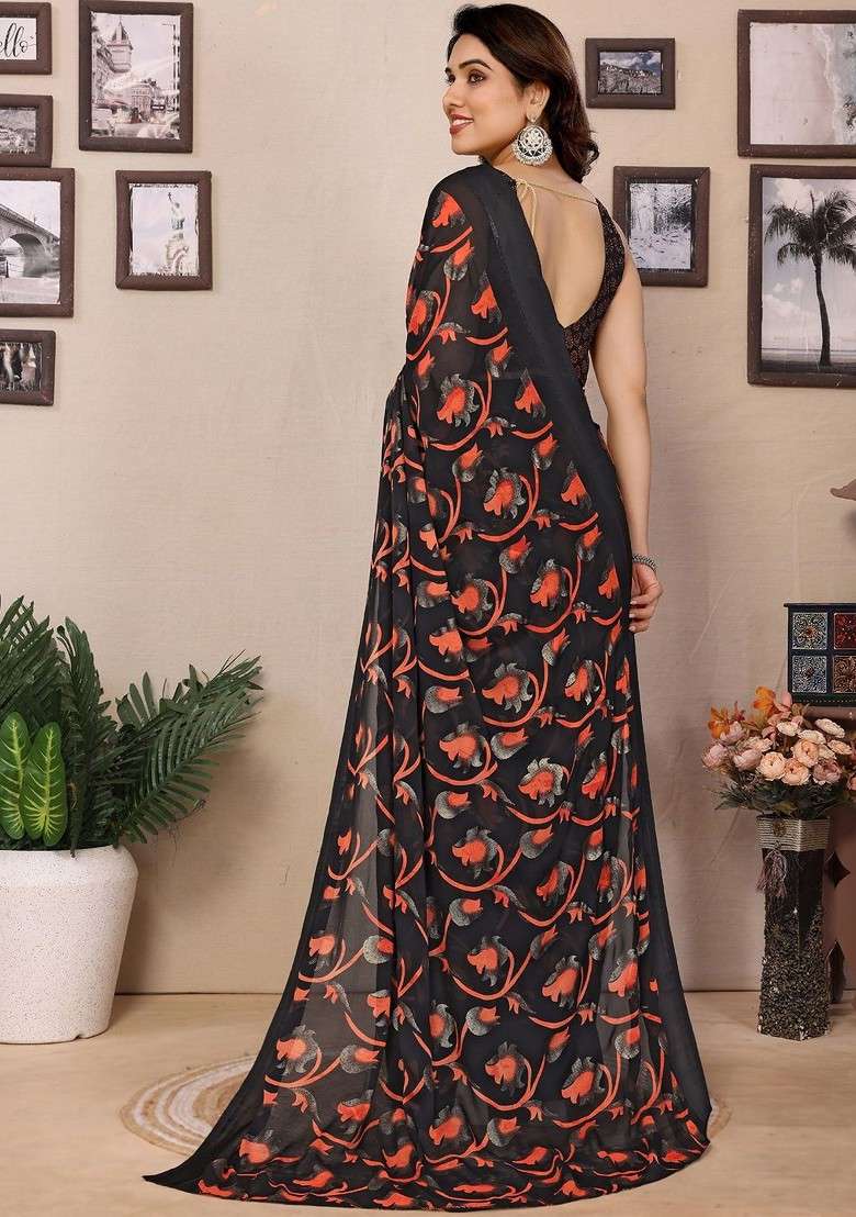 Black Embroidered Blended Saree Set - Indya