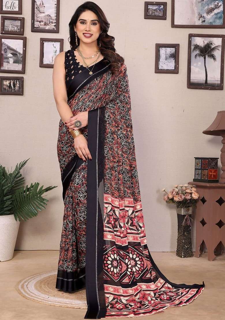Black Printed Blended Saree Set - Indya