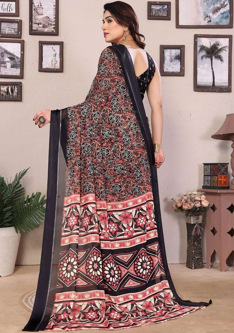 Black Printed Blended Saree Set - Indya
