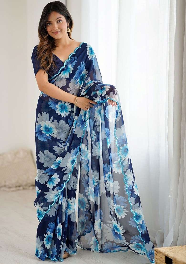 Blue Printed Blended Saree Set - Indya