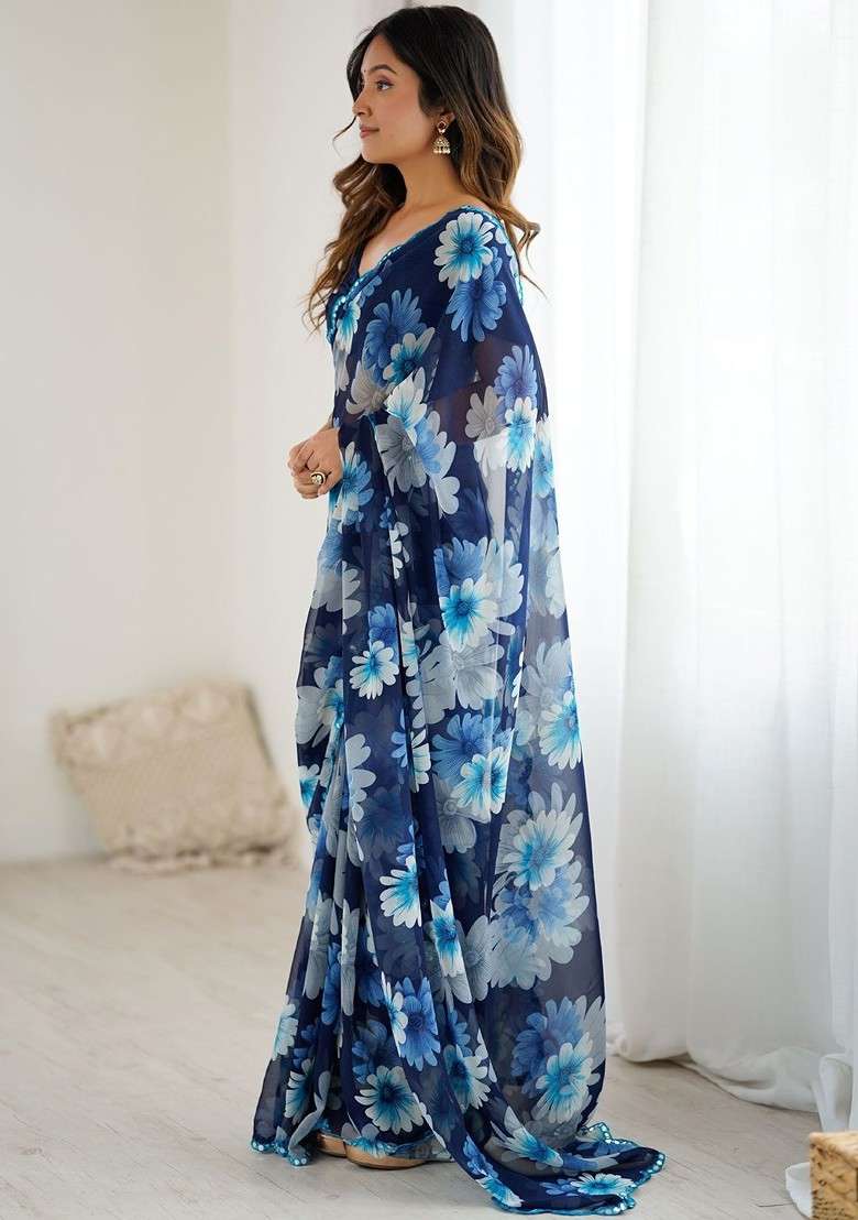 Blue Printed Blended Saree Set - Indya