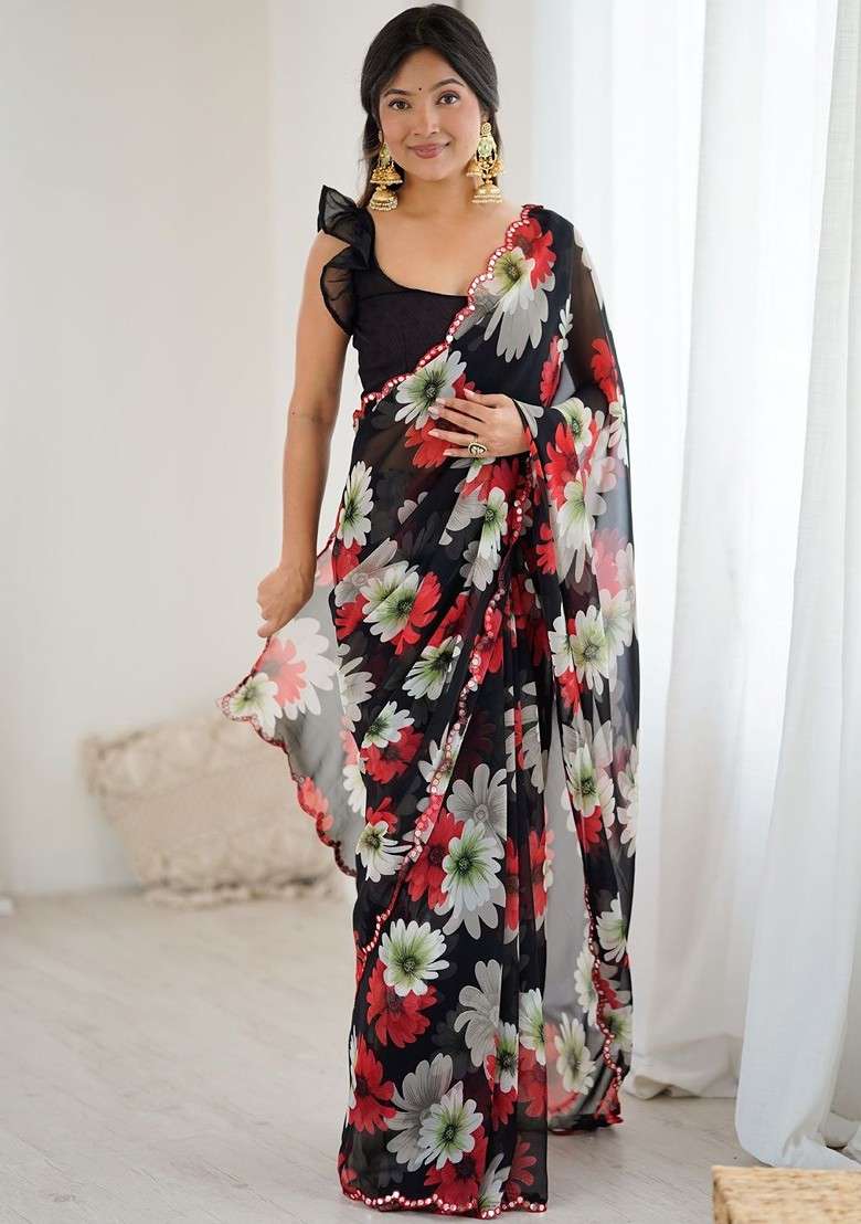 Black Embroidered Blended Saree Set - Indya