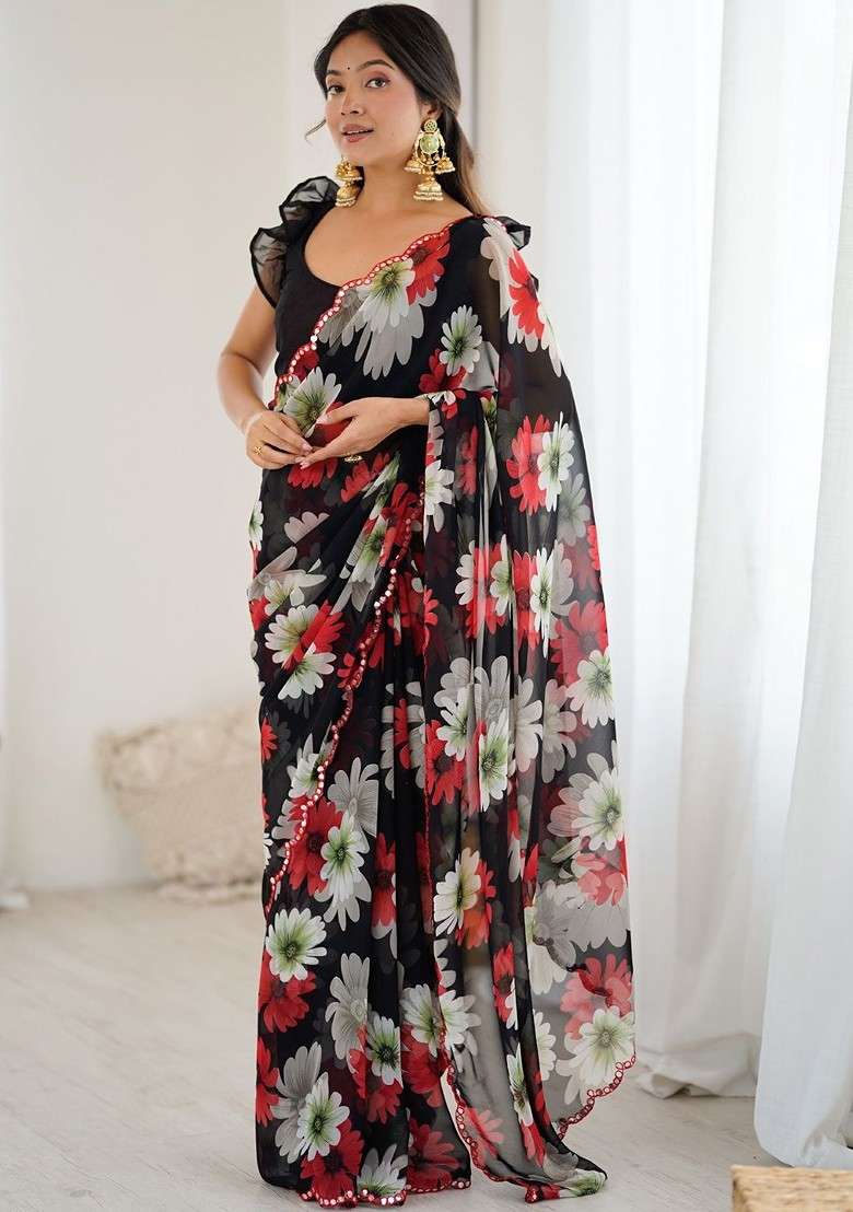 Black Embroidered Blended Saree Set - Indya