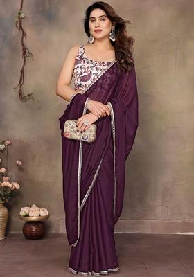 Purple Solid Blended Saree Set