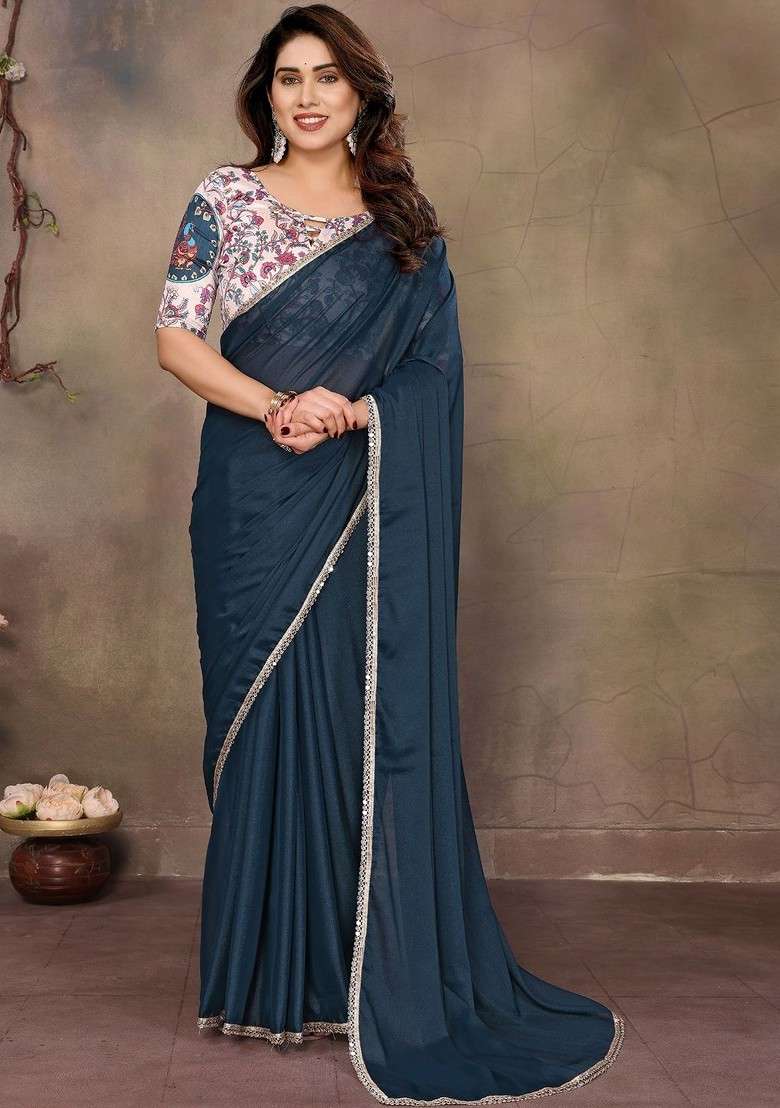 Blue Embroidered Blended Saree Set - Indya