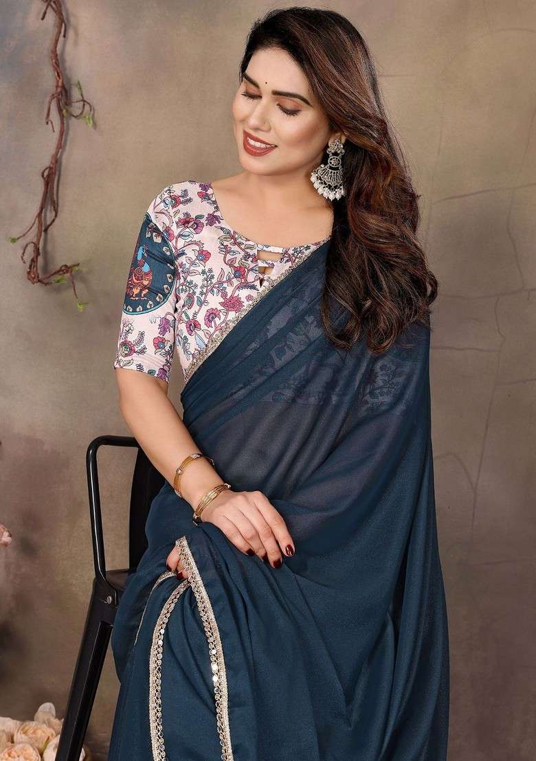 Blue Embroidered Blended Saree Set - Indya
