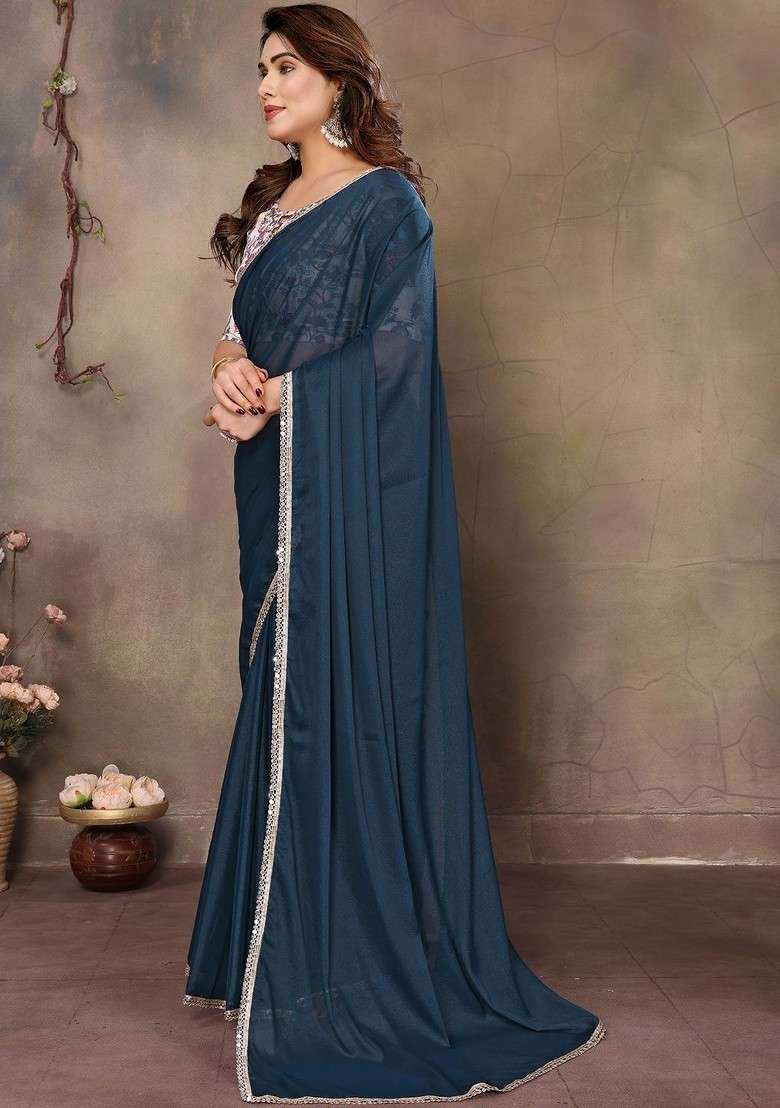 Blue Embroidered Blended Saree Set - Indya