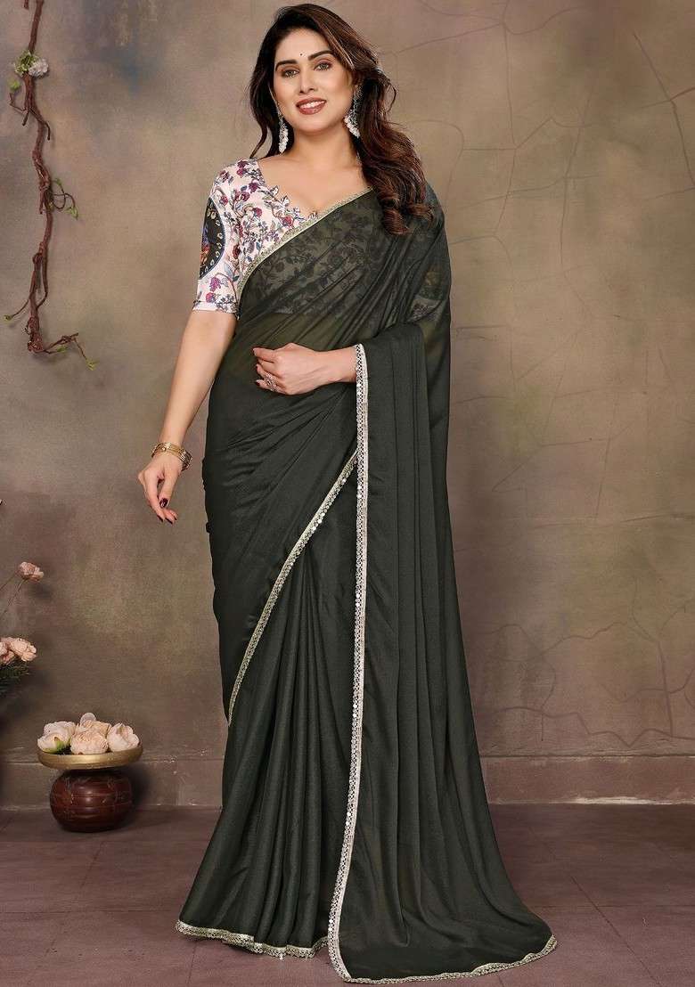 Green Embellished Blended Saree Set - Indya