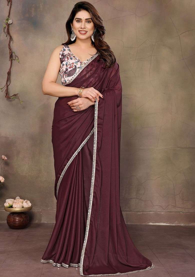 Maroon Embroidered Blended Saree Set - Indya