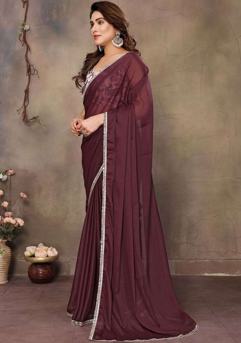Maroon Embroidered Blended Saree Set - Indya