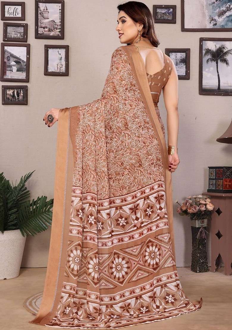 Brown Embroidered Blended Saree Set - Indya