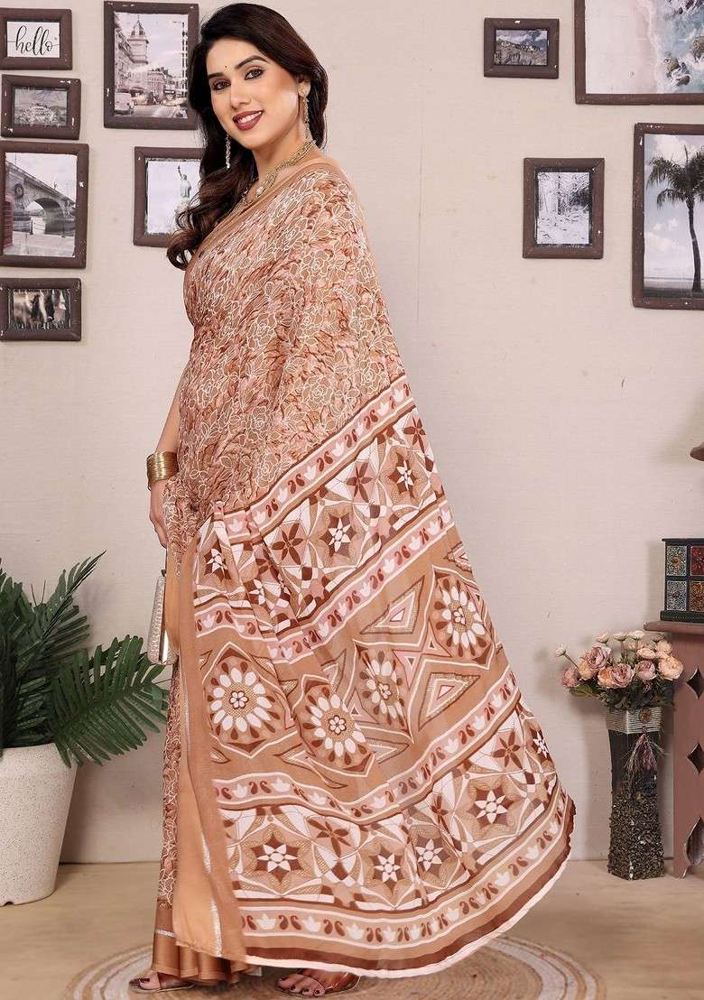 Brown Embroidered Blended Saree Set - Indya
