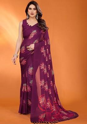 Purple Printed Blended Saree Set