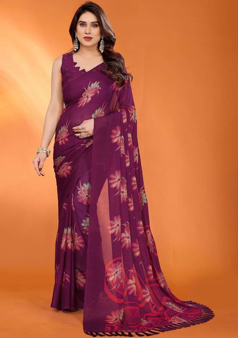 Purple Printed Blended Saree Set - Indya