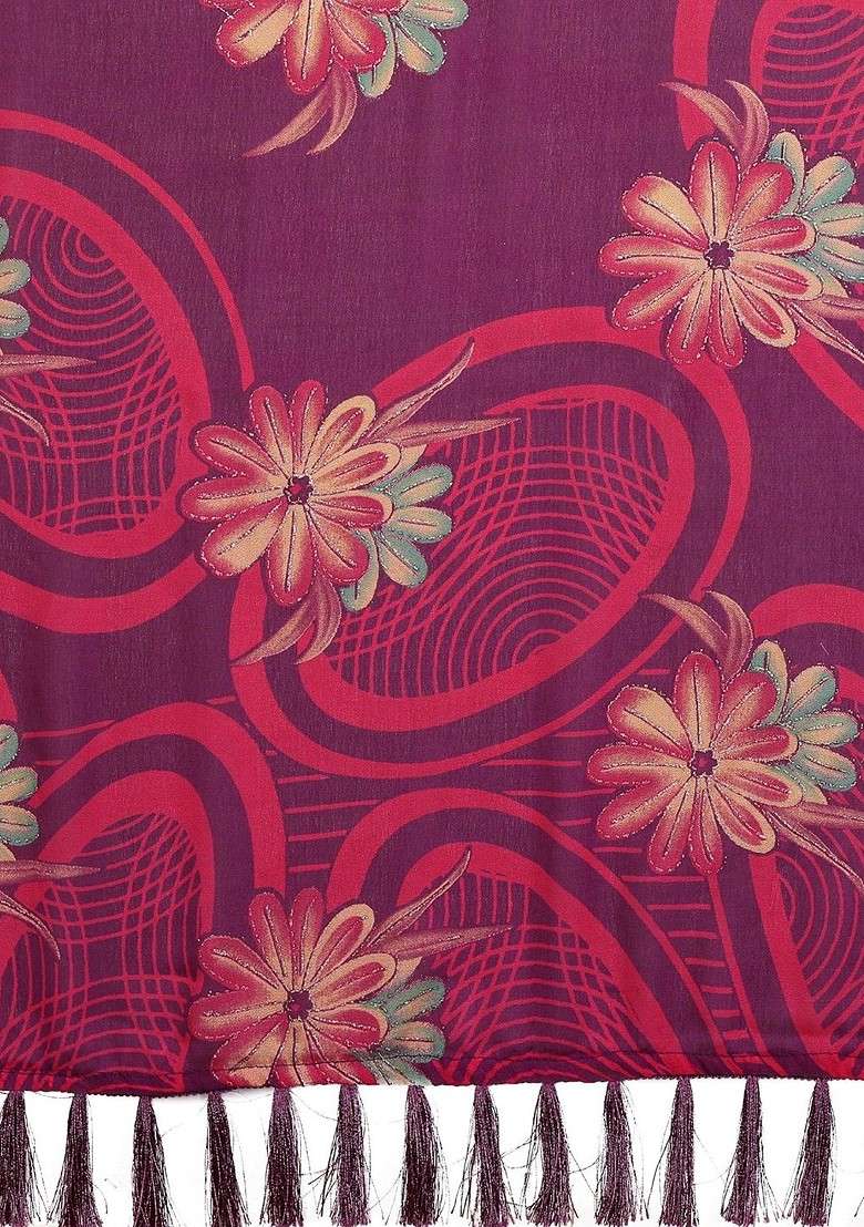 Purple Printed Blended Saree Set - Indya