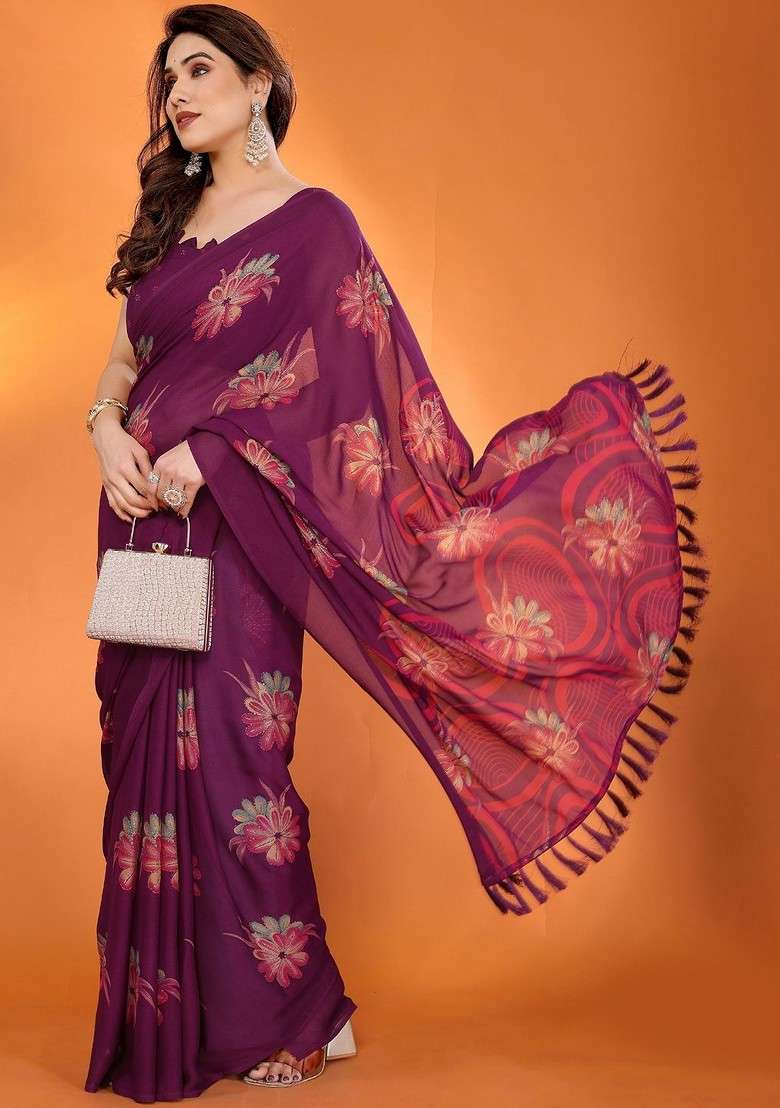 Purple Printed Blended Saree Set - Indya