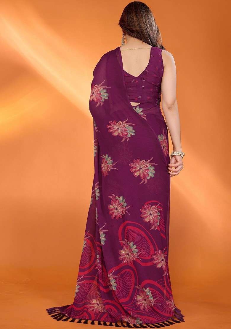 Purple Printed Blended Saree Set - Indya