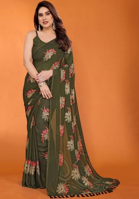 Olive Printed Blended Saree Set