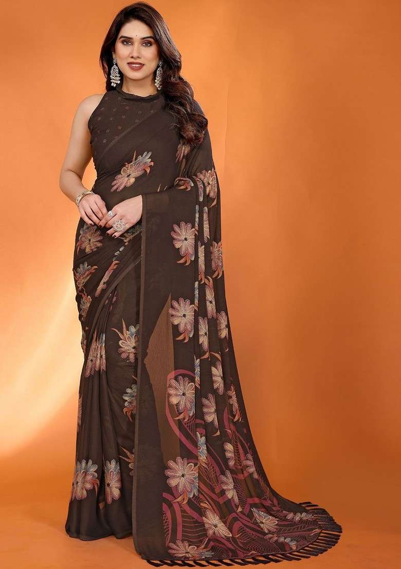 Brown Printed Blended Saree Set - Indya