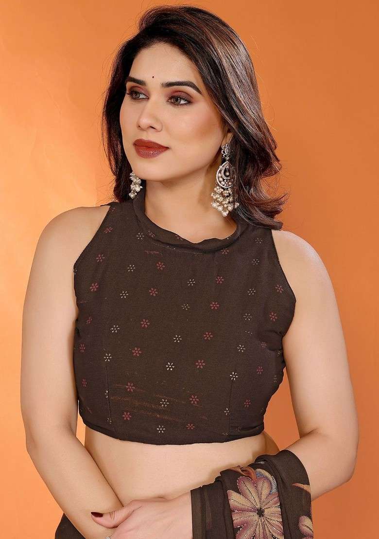 Brown Printed Blended Saree Set - Indya